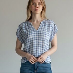 Joie Silk Blouse S Small Rubina V Neck Blue White Plaid Cap Sleeve Spring Picnic